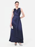 Abito lungo blu navy con scollo drappeggiato