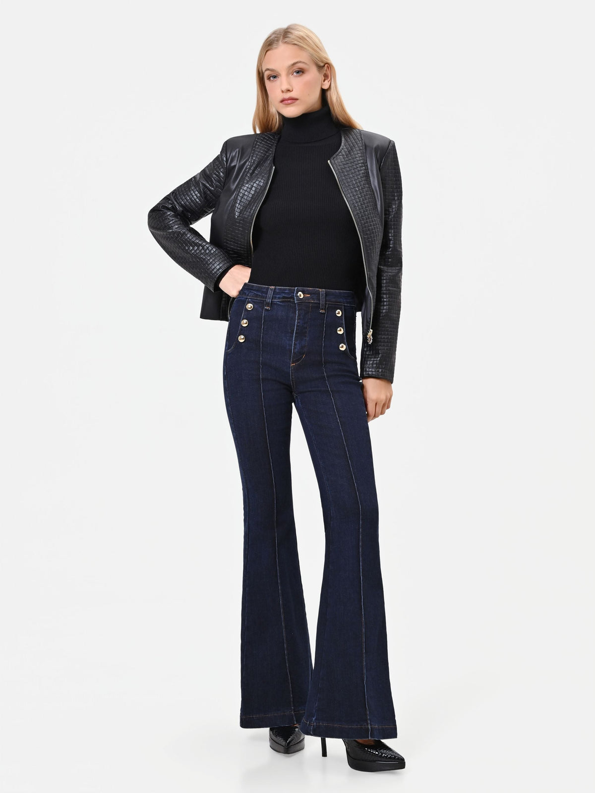Jeans a zampa blu navy stile marinière high waist