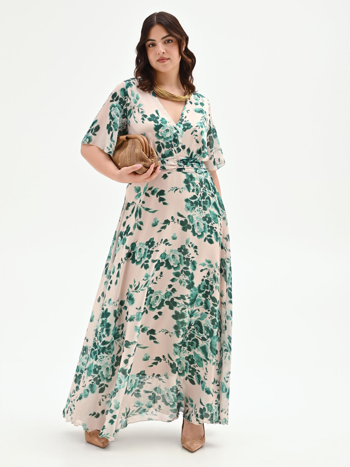 Abito Curvy lungo verde con stampa floreale