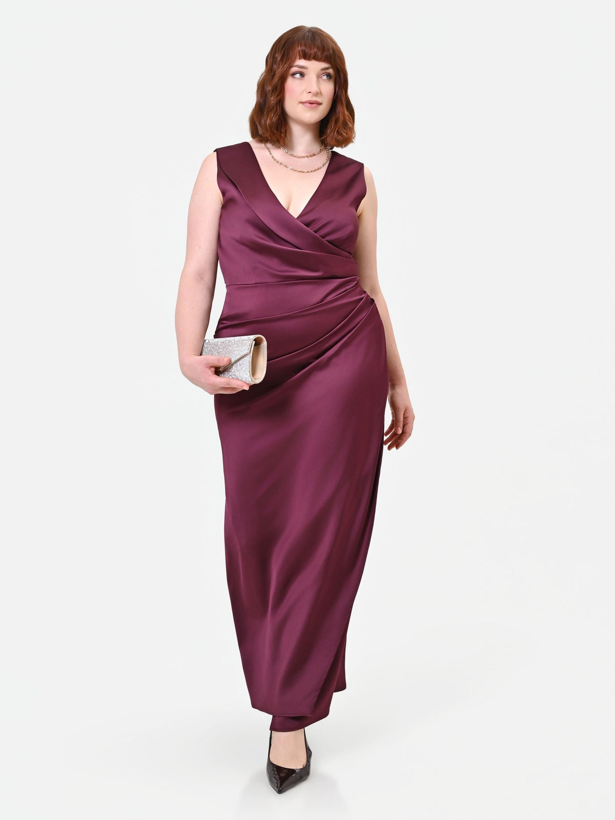 Abito Curvy midi in raso bordeaux rosso