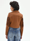 Giacca effetto camoscio cammello beige con frange