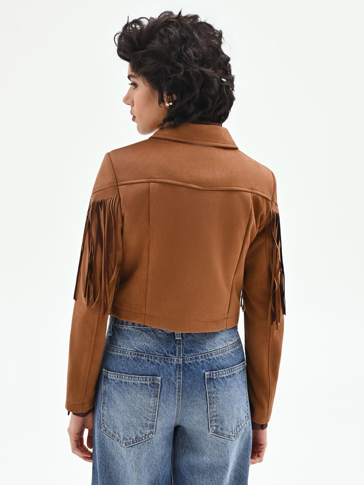 Giacca effetto camoscio cammello beige con frange