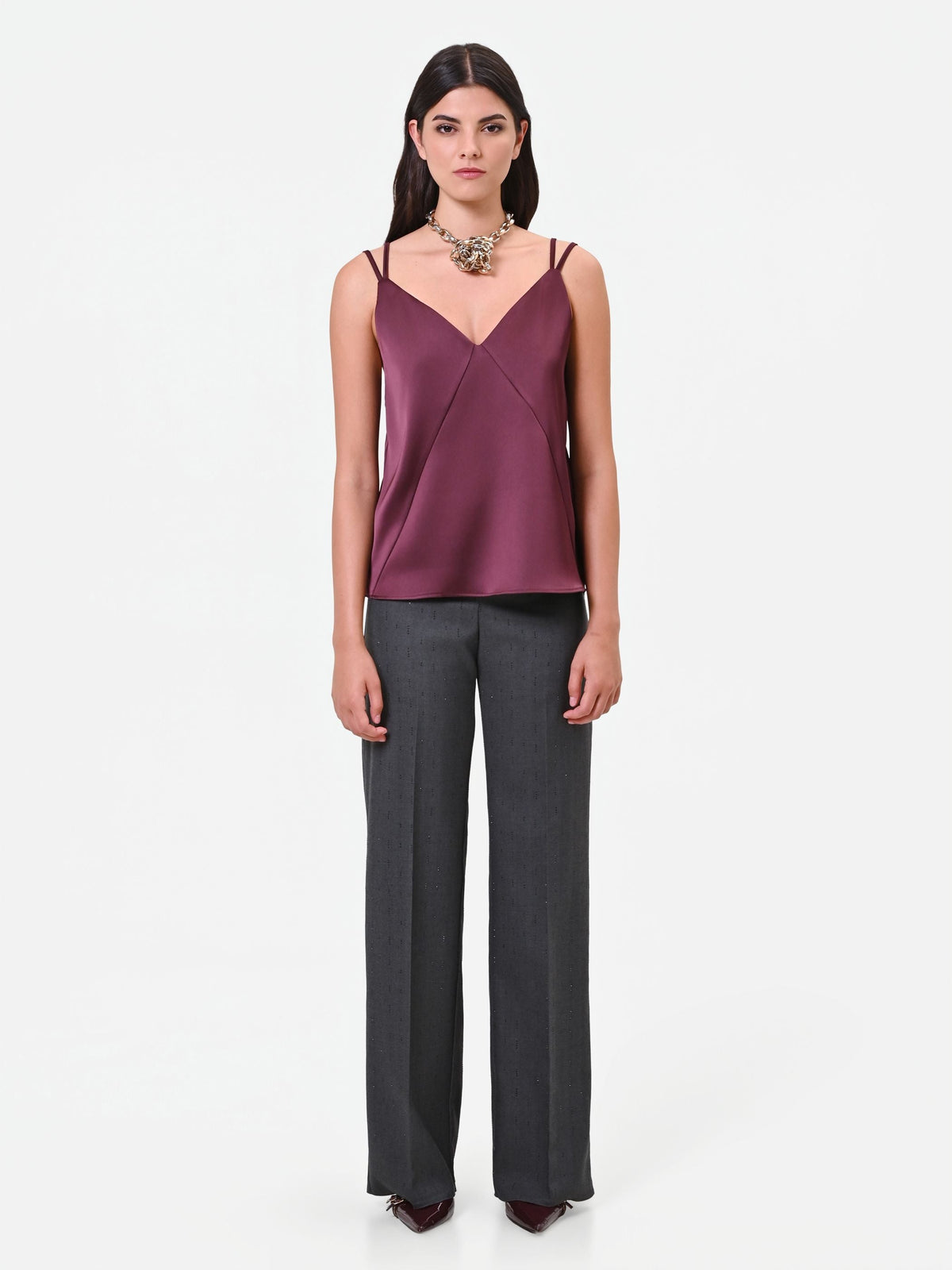 Top in raso bordeaux rosso con doppie spalline Giorgia Palmas X Rinascimento