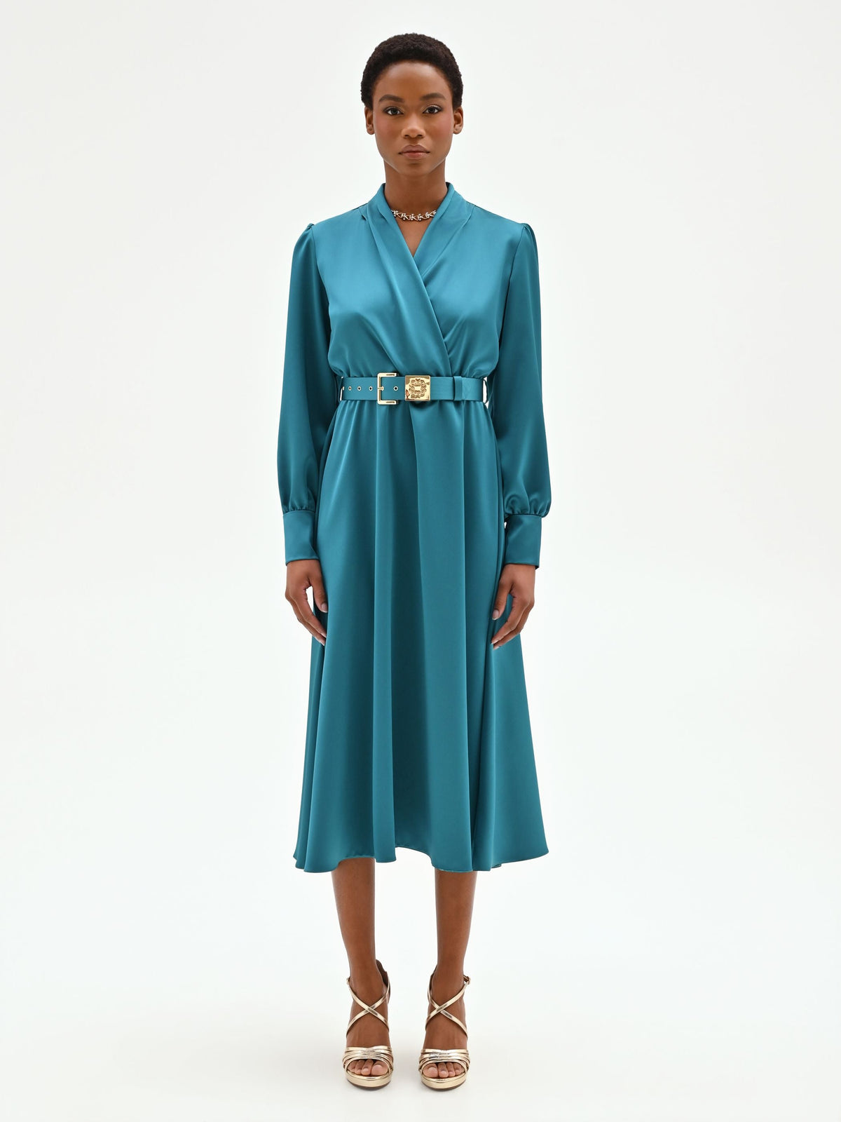 Abito midi in raso blu ottanio