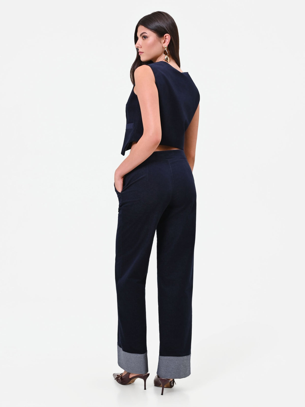Pantalone blu navy in velluto con impunture a contrasto Giorgia Palmas X Rinascimento