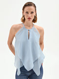 Top cielo azzurro con balze asimmetriche