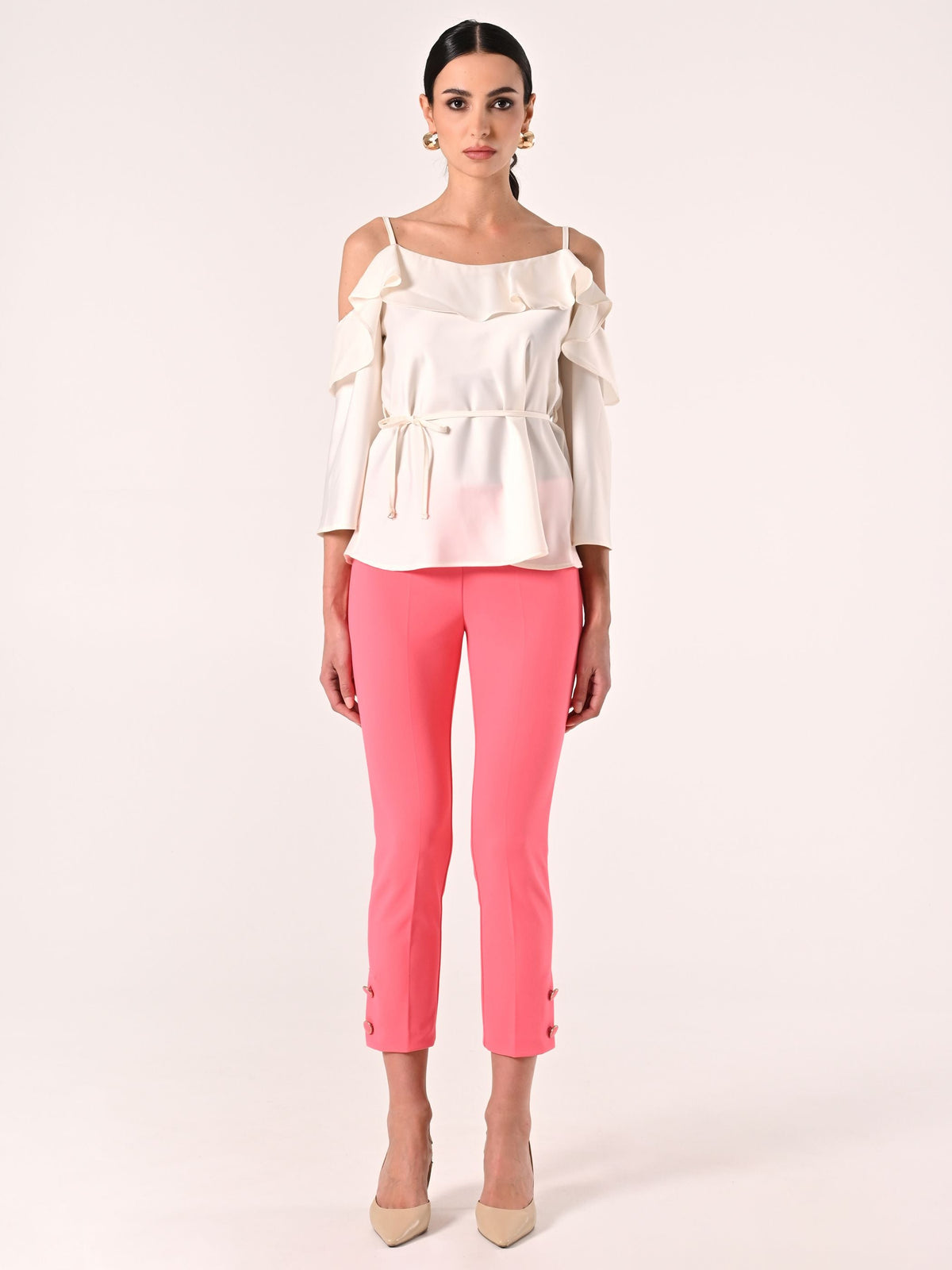 Pantaloni Rosa Camelia in Scuba mano Crepe