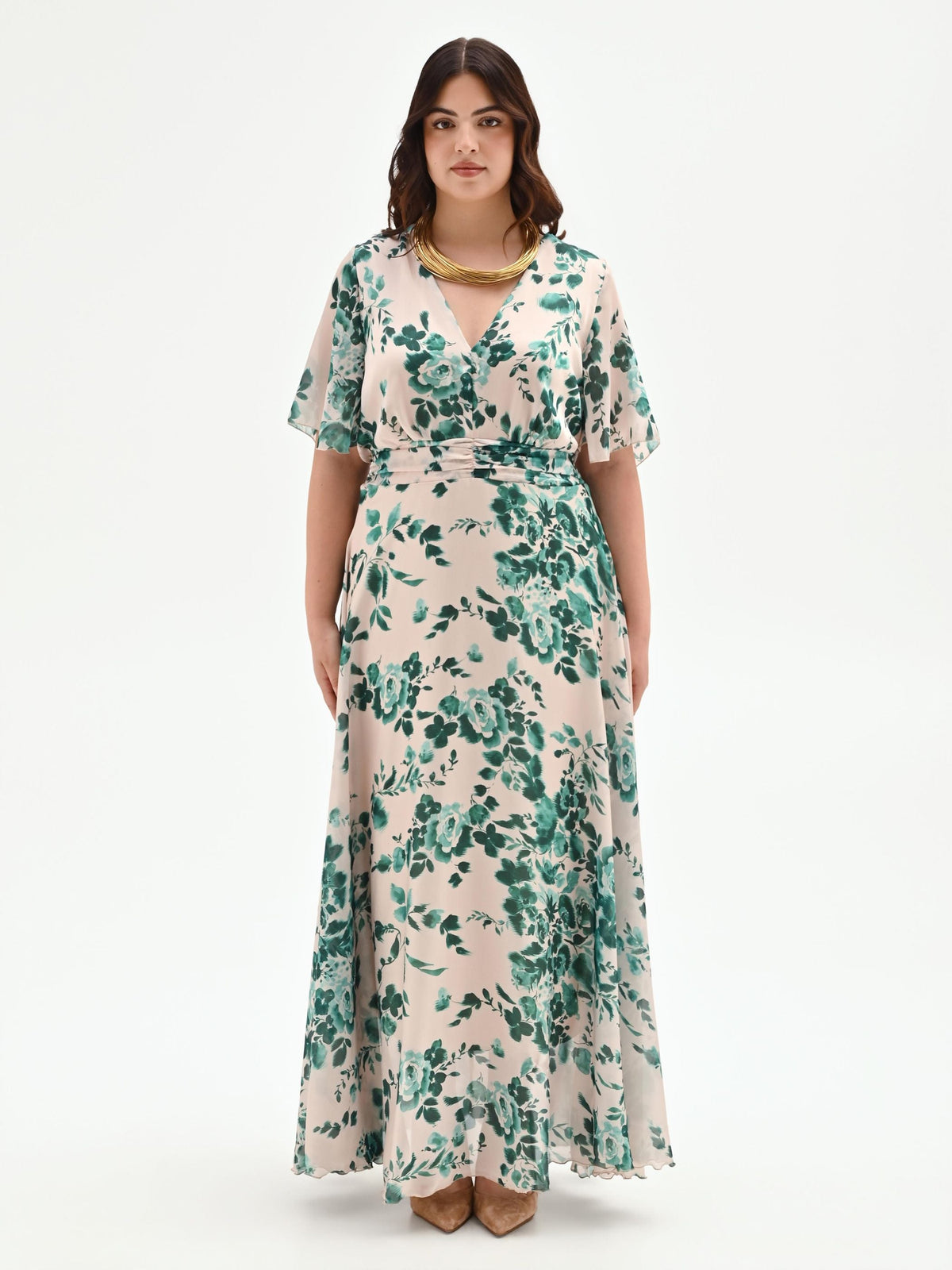 Abito Curvy lungo verde con stampa floreale