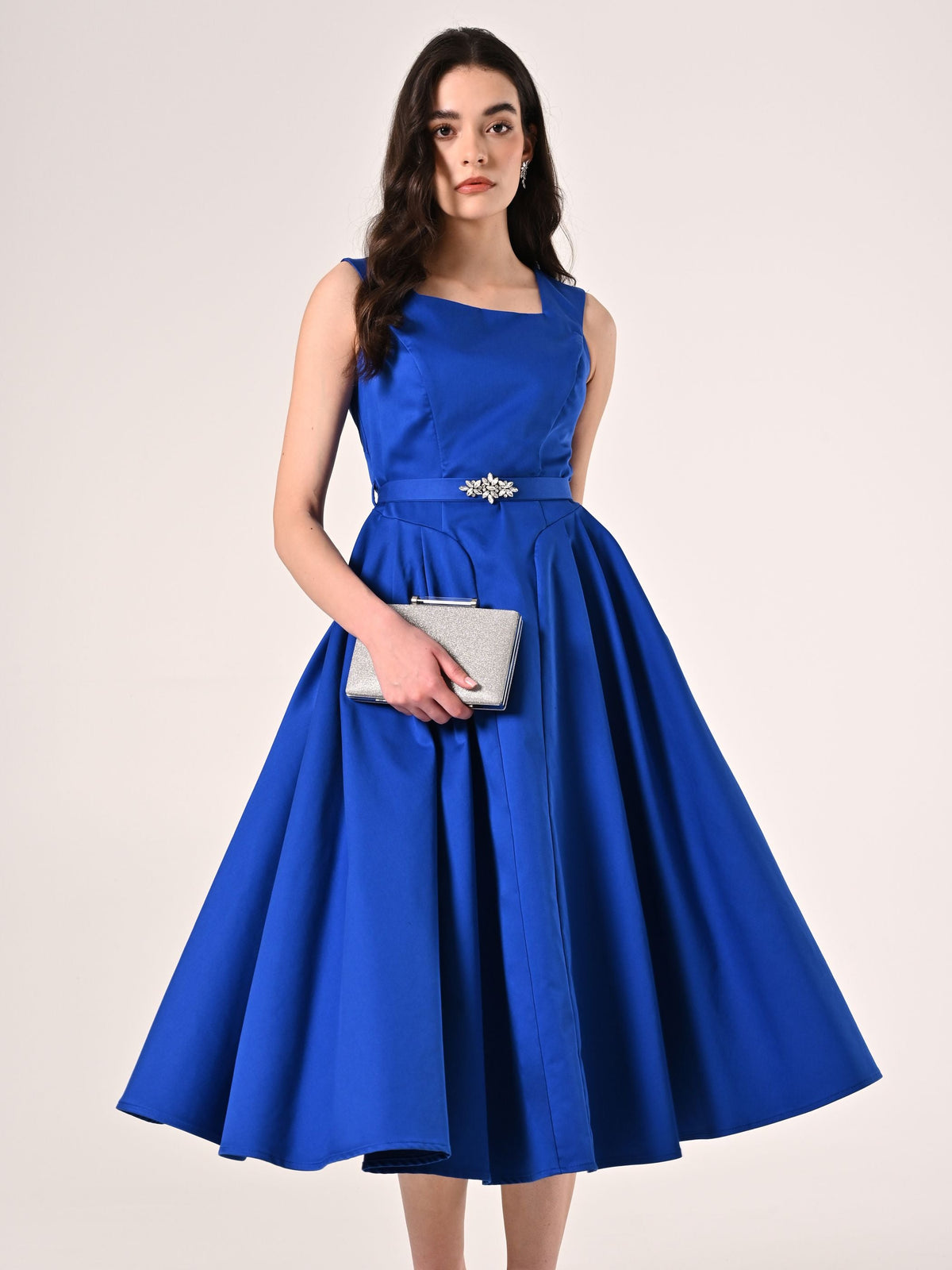 Abito Midi in Misto Cotone Blu Cina