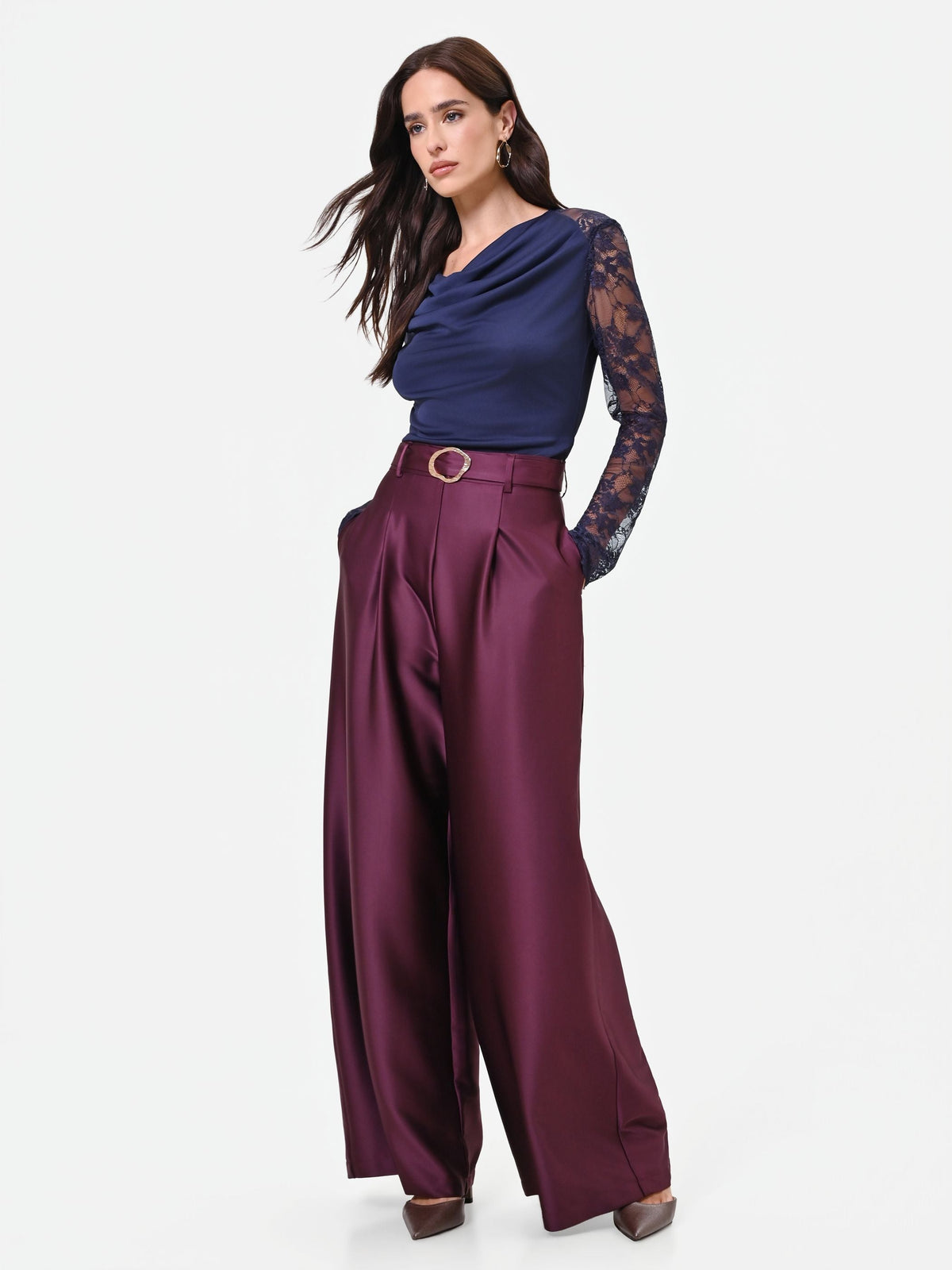 Pantalone palazzo bordeaux in raso