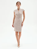 Abito a tubino beige chiaro in tweed con cintura