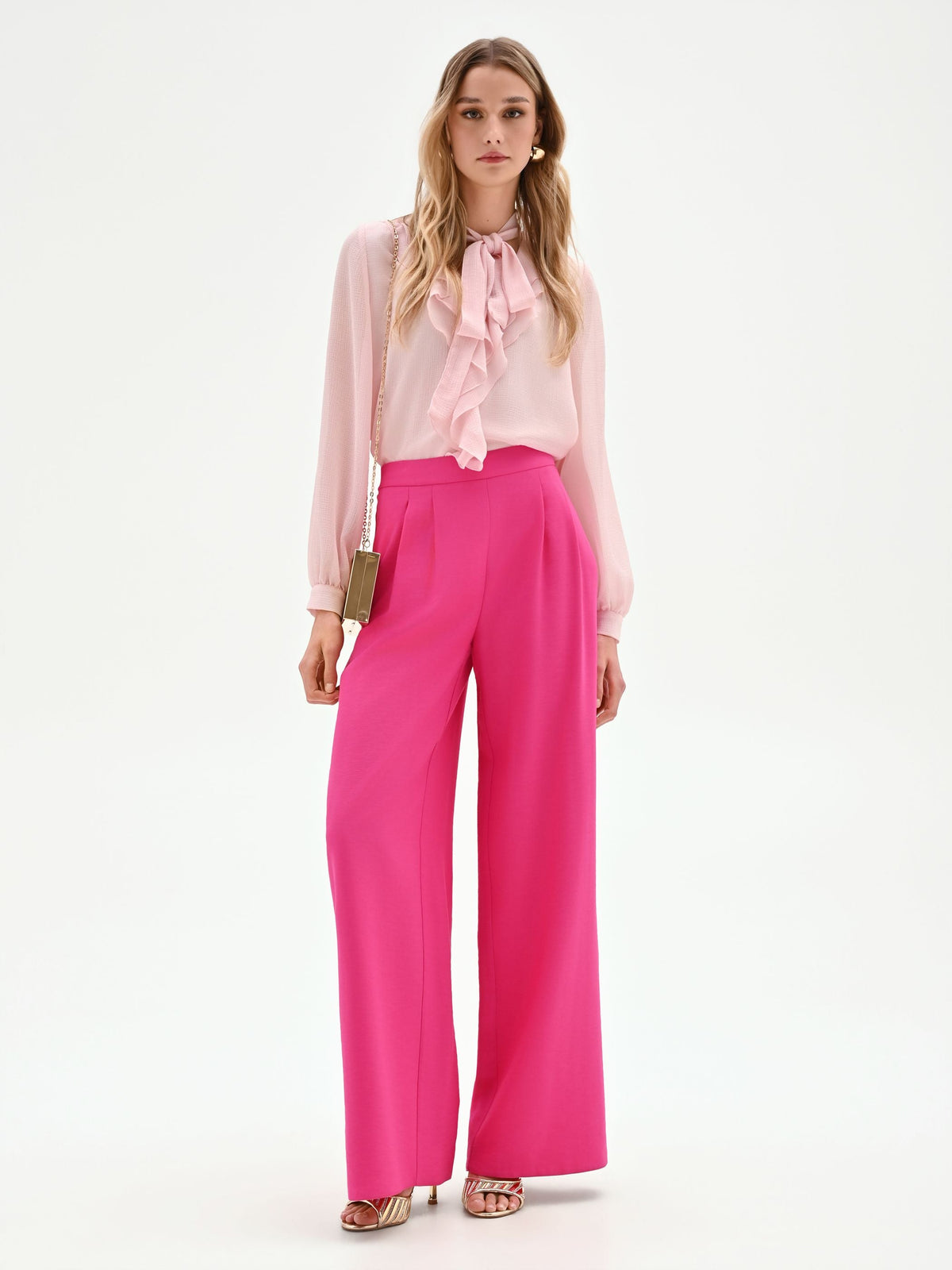 Pantalone palazzo fucsia a vita alta in poliviscosa