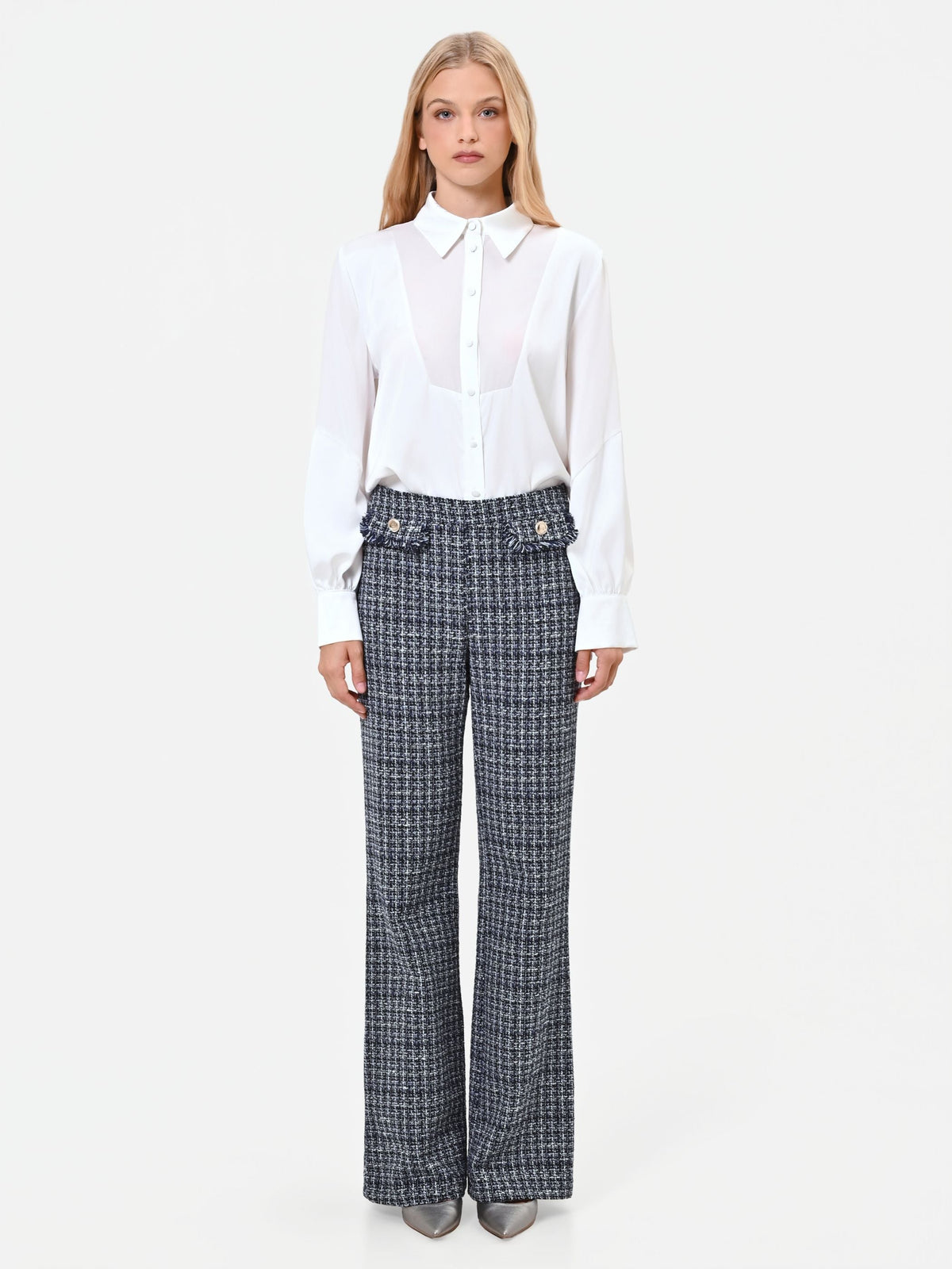 Pantalone dritto in tessuto bouclé blu navy