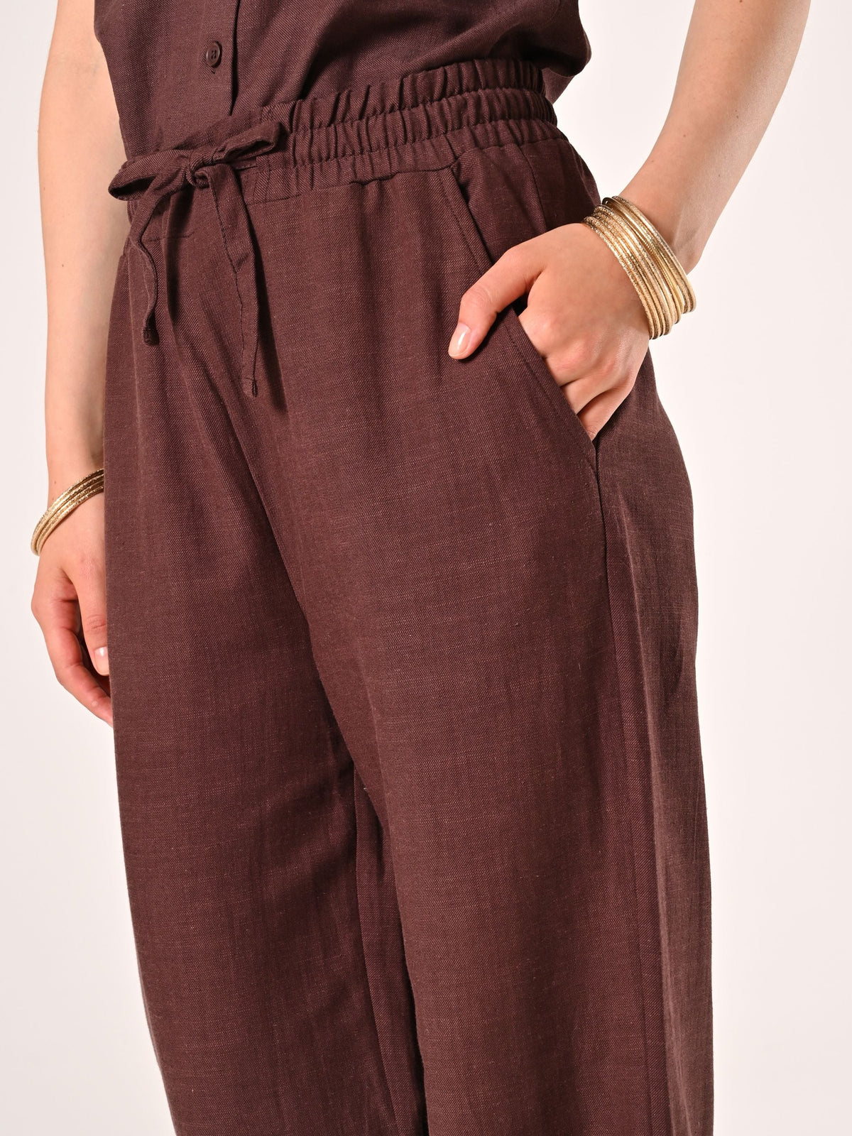 Pantaloni Marrone Cioccolato Ampi in Lino Cotone