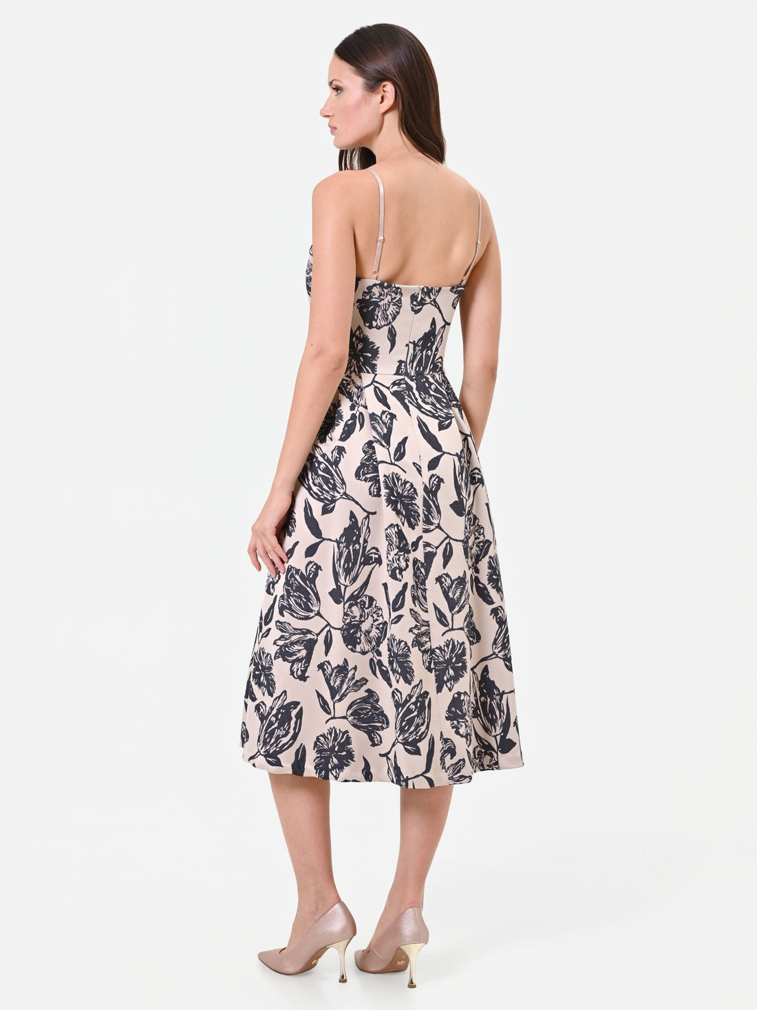 Abito midi in jacquard con stampa floreale blu navy