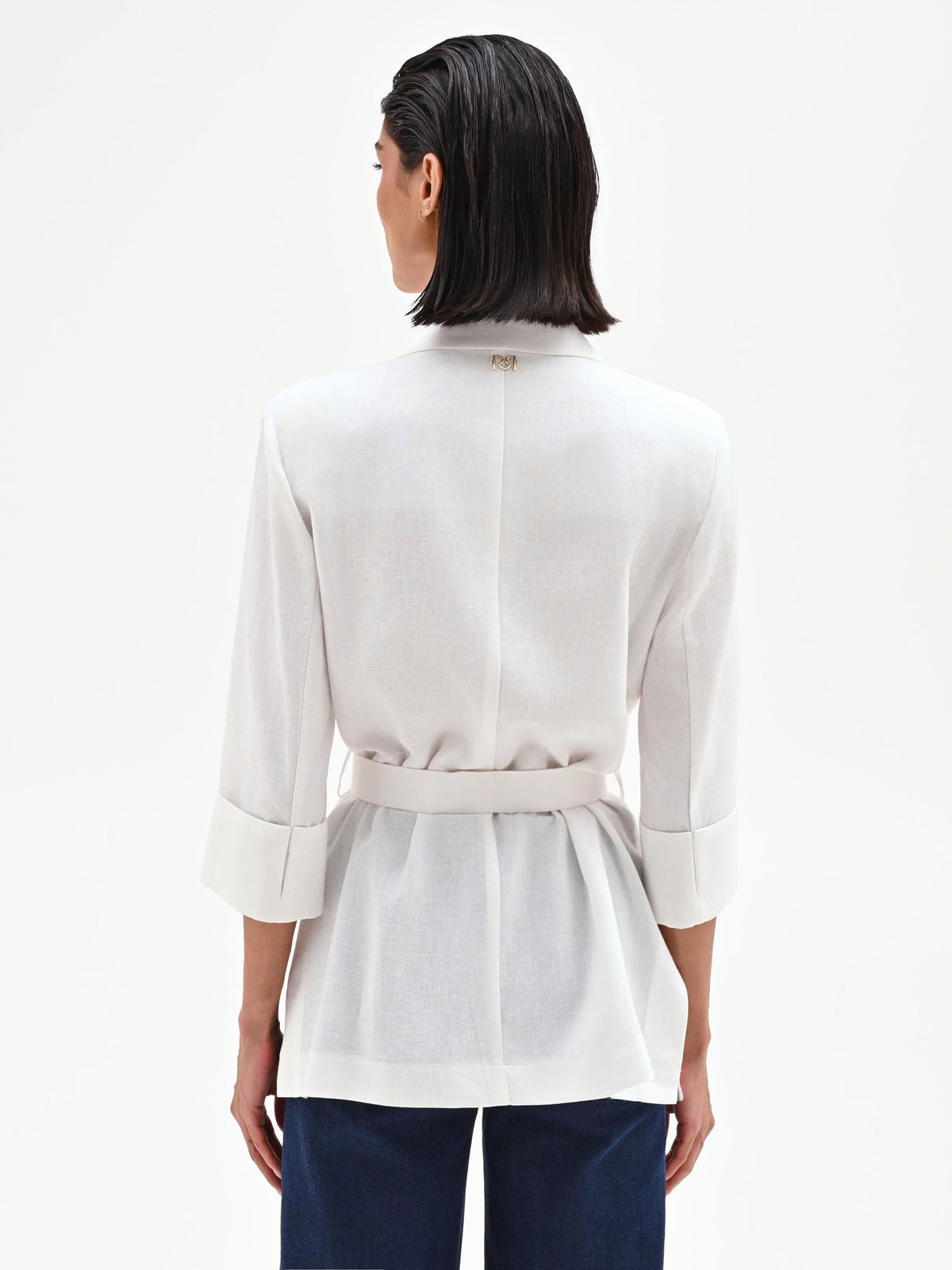 Blazer doppiopetto panna in lino con cintura