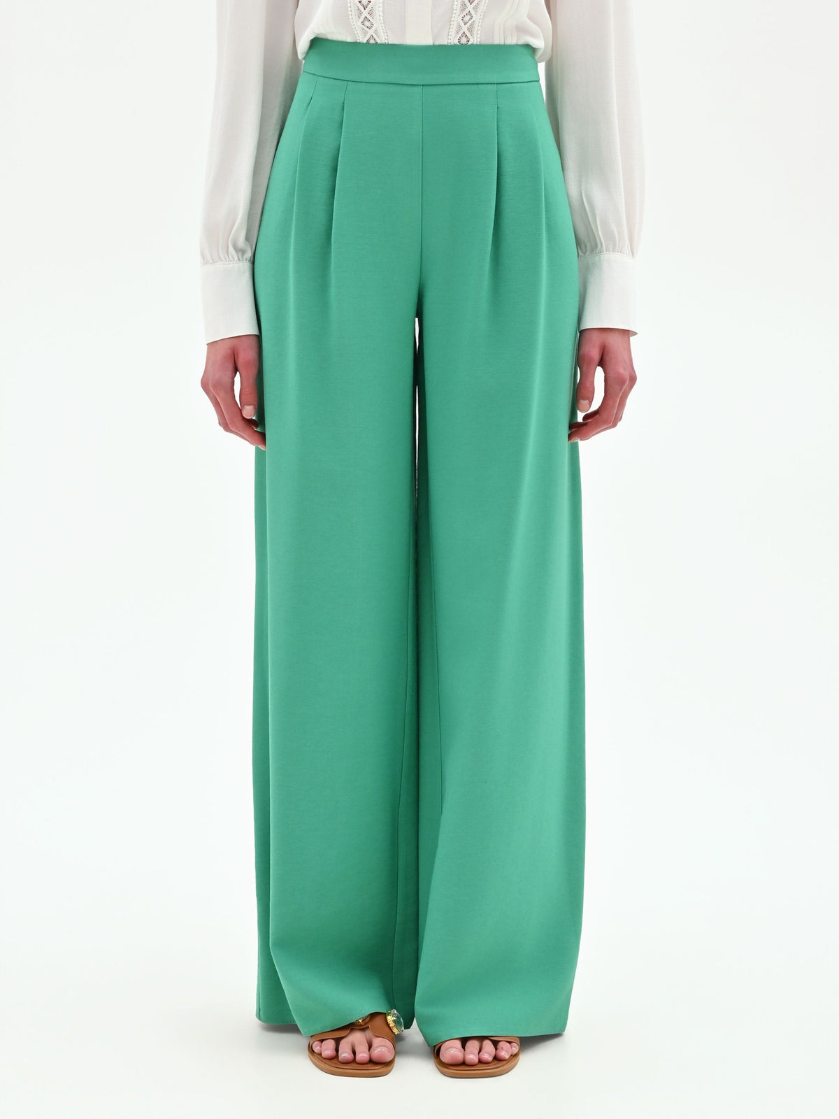 Pantalone palazzo verde a vita alta in poliviscosa