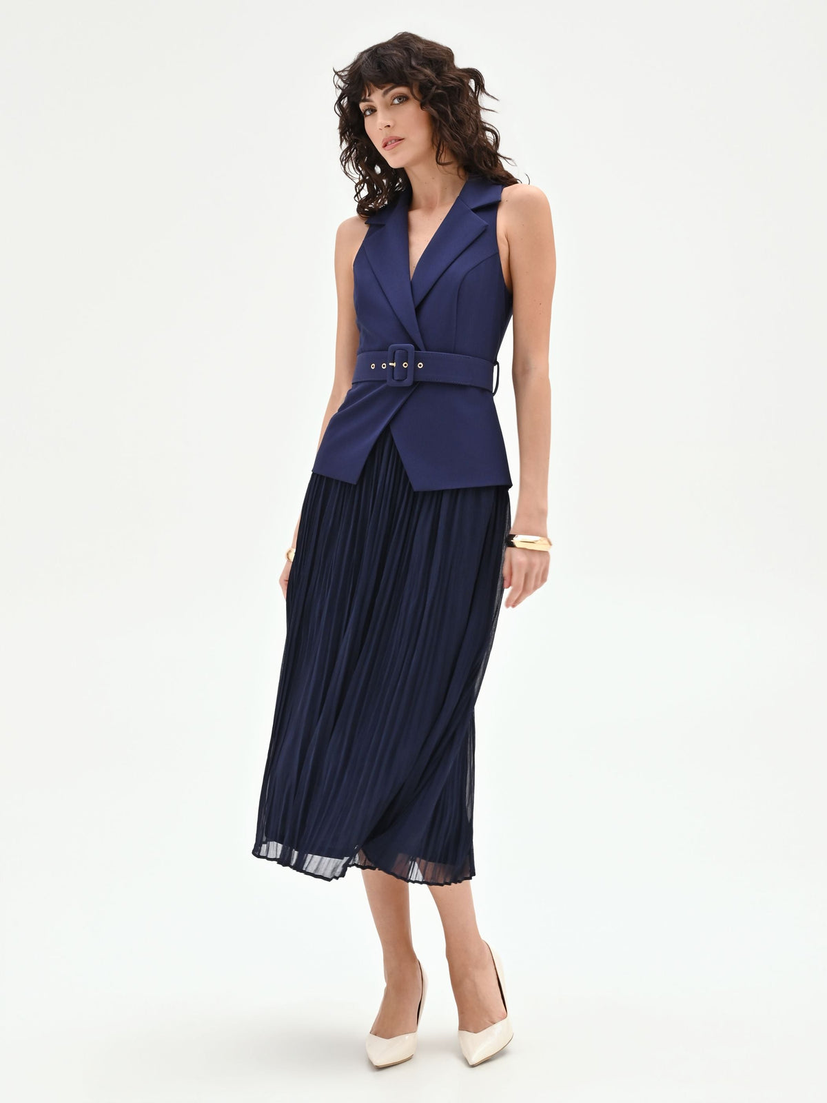 Abito midi blu navy con corpetto a gilet
