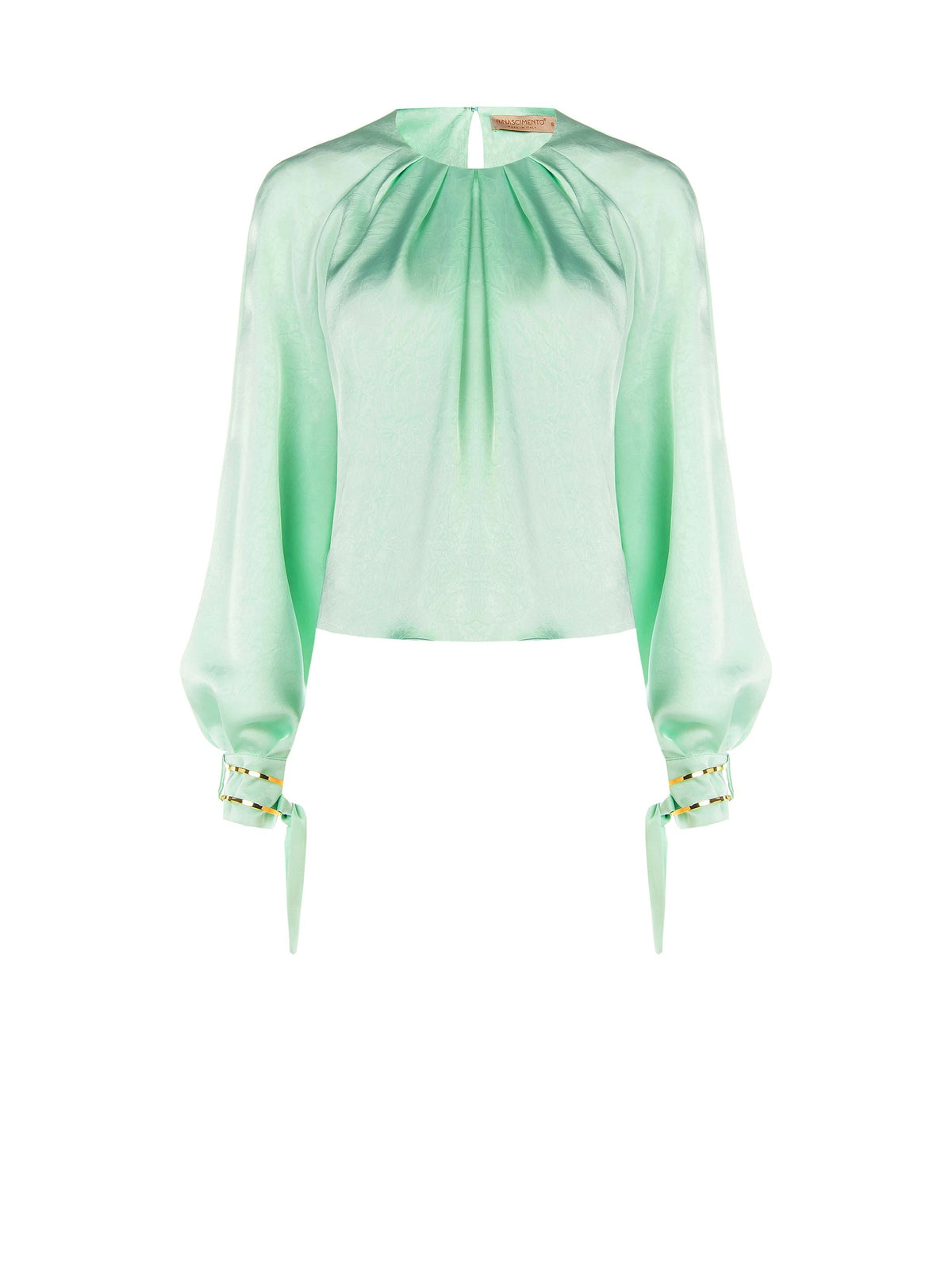 Blusa verde menta con pieghe e polsini alti