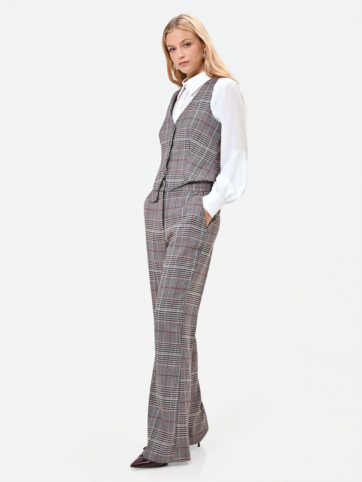 Pantalone a gamba larga principe di galles tortora beige in poliviscosa