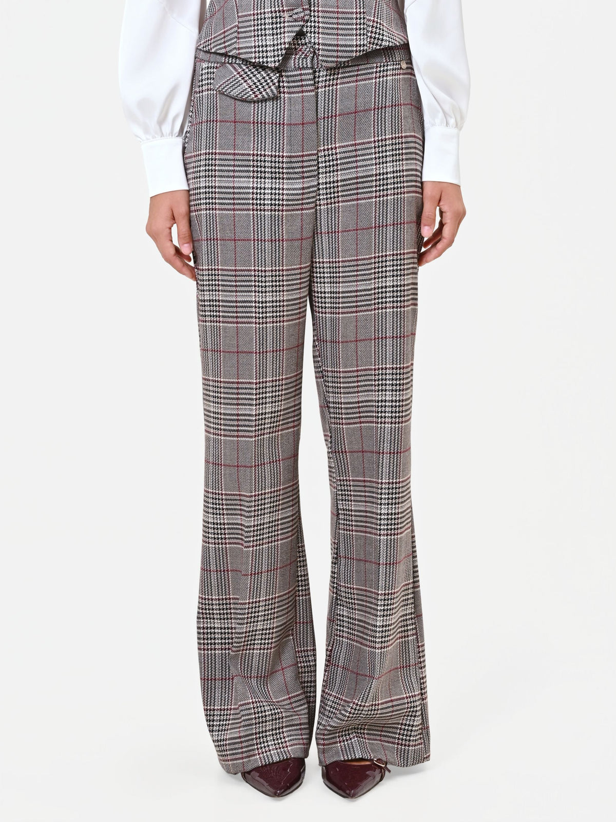 Pantalone a gamba larga principe di galles tortora beige in poliviscosa