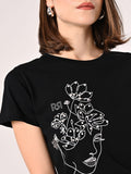 T-Shirt Nera in Cotone con Perle