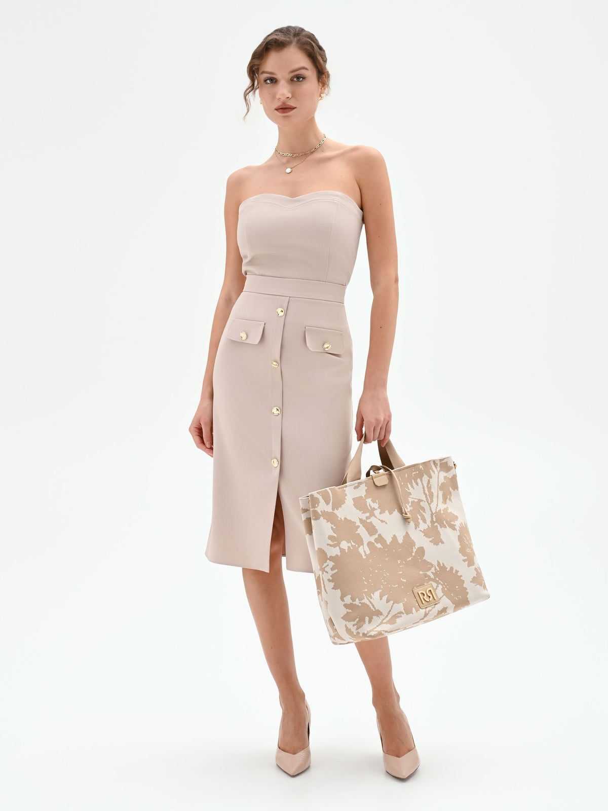 Gonna Studio beige tortora con Bottoni Dorati