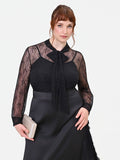 Camicia Curvy nera in pizzo con collo a fiocco