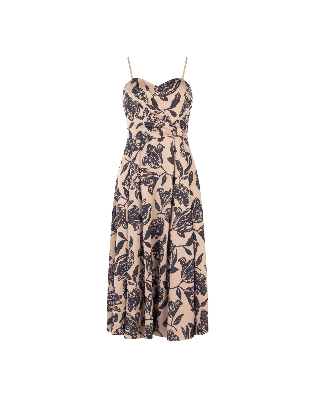 Abito midi in jacquard con stampa floreale blu navy