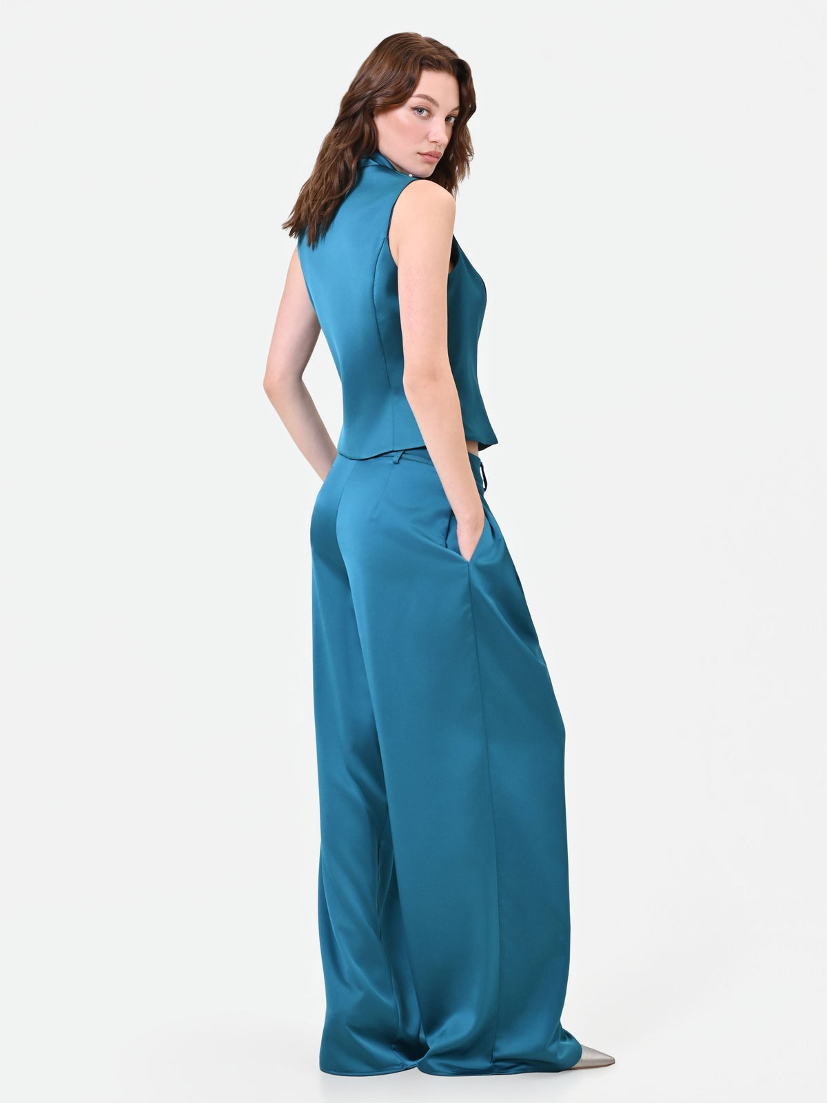 Pantalone palazzo blu ottanio in raso