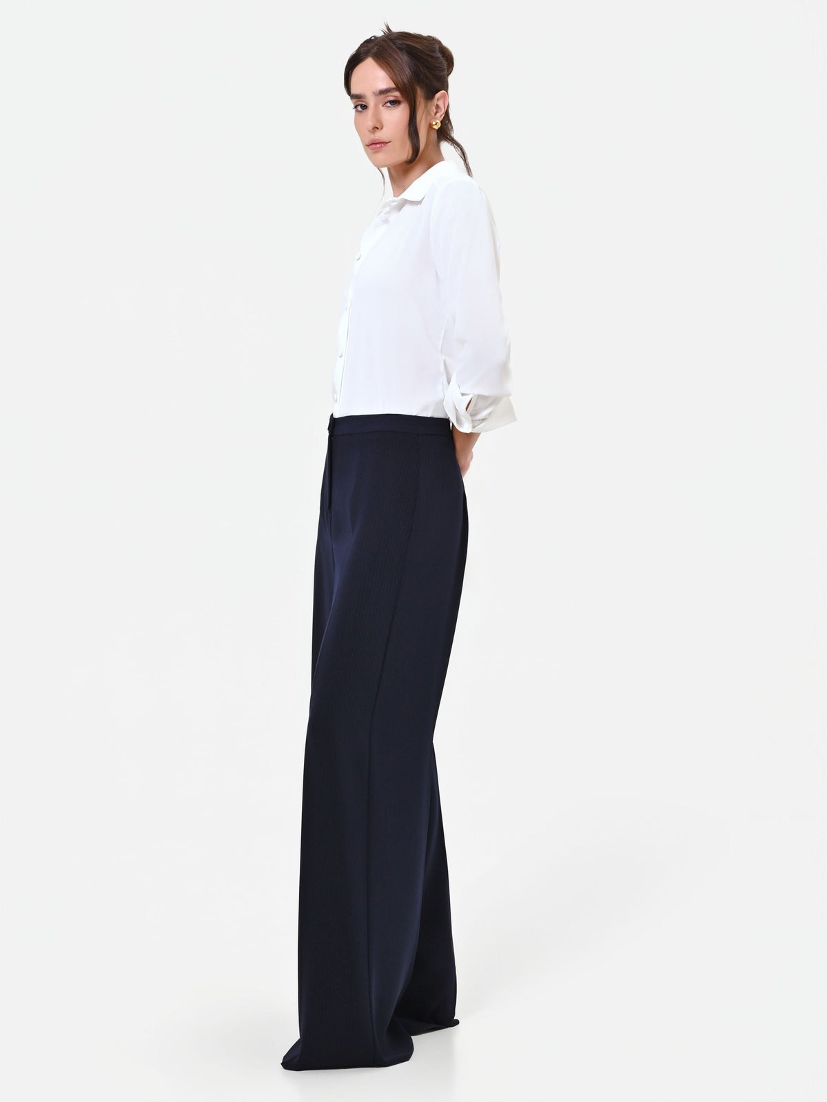 Pantalone Studio gessato a palazzo blu navy in crepe