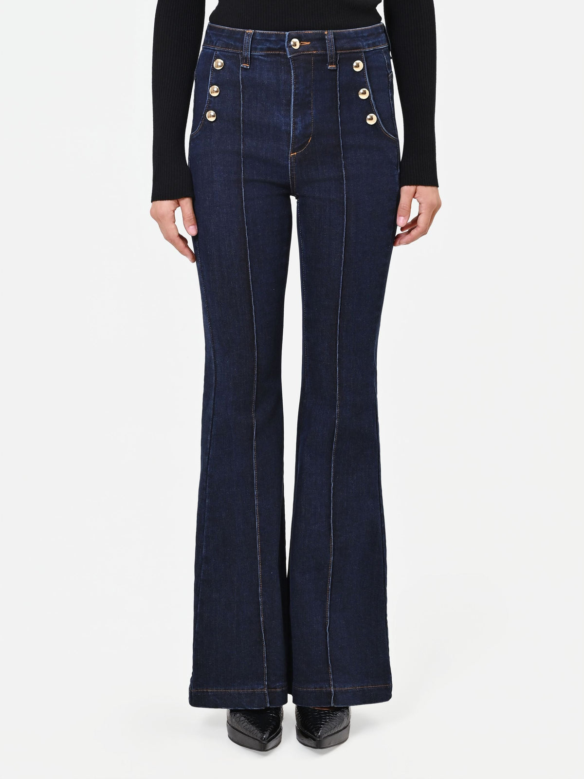 Jeans a zampa blu navy stile marinière high waist