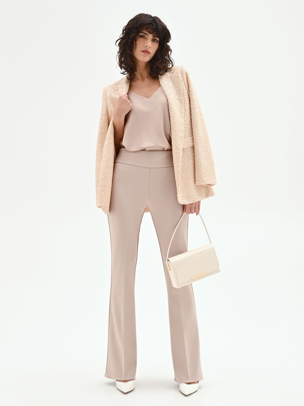 Pantalone a zampa tortora beige in scuba crèpe