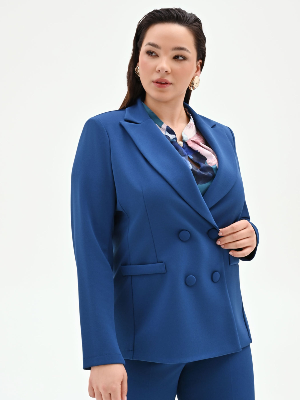 Giacca Curvy doppiopetto blu brillante in scuba mano crepe