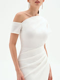 Abito midi bianco monospalla con drappeggi