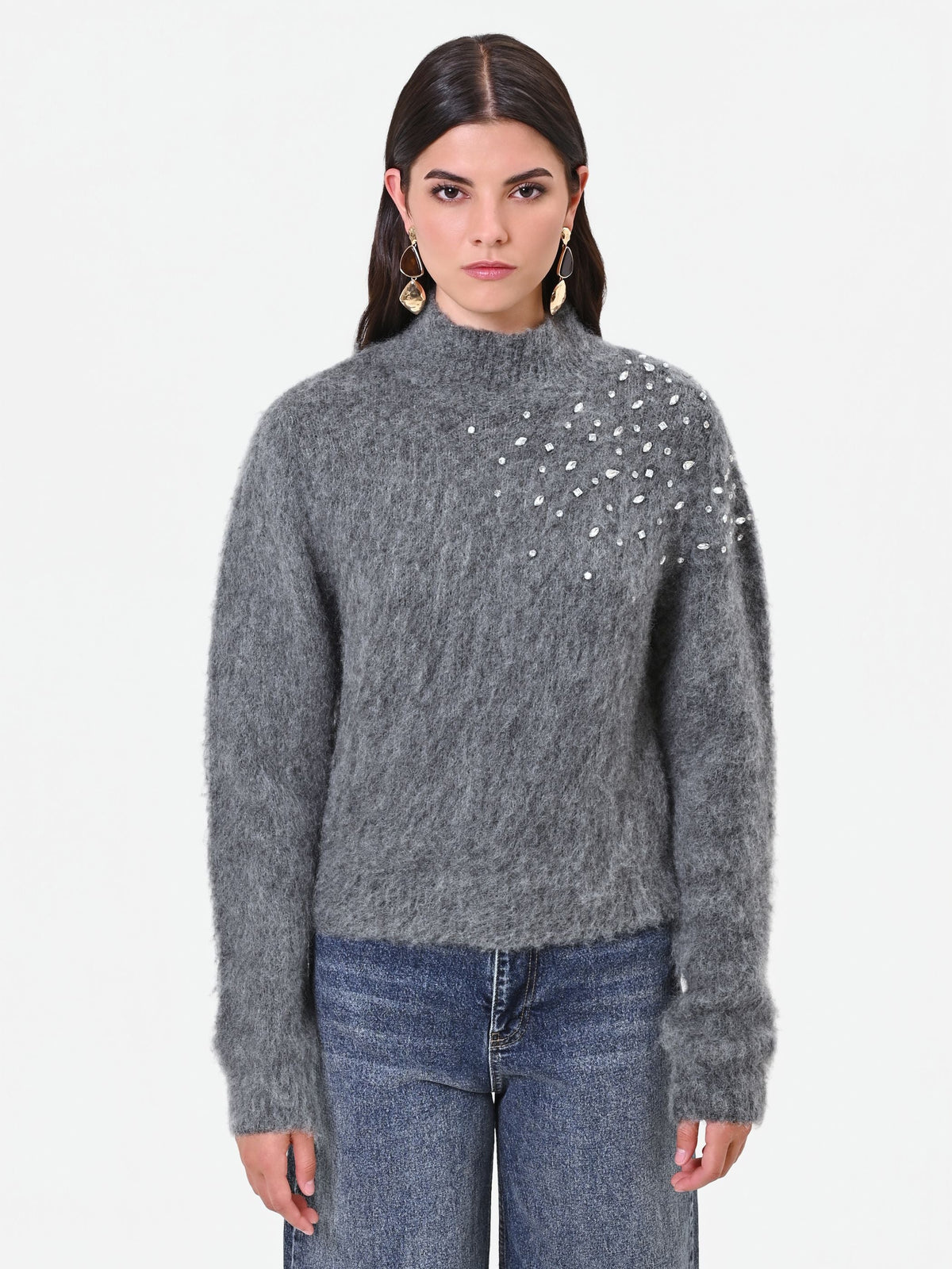 Maglia grigia in mohair con applicazione gioiello Giorgia Palmas X Rinascimento