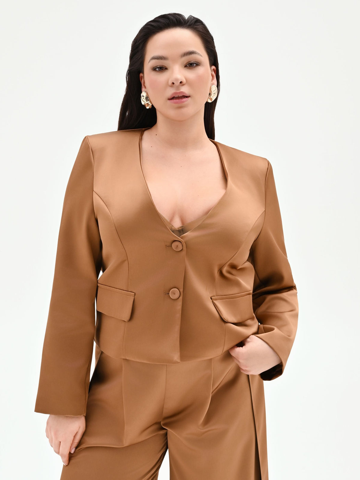 Giacca Curvy marrone bronzo in raso