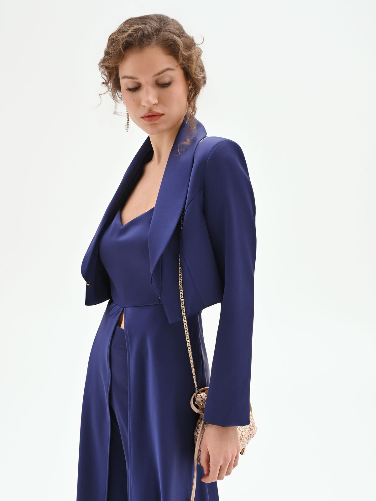 Giacca corta atelier blu indaco in raso