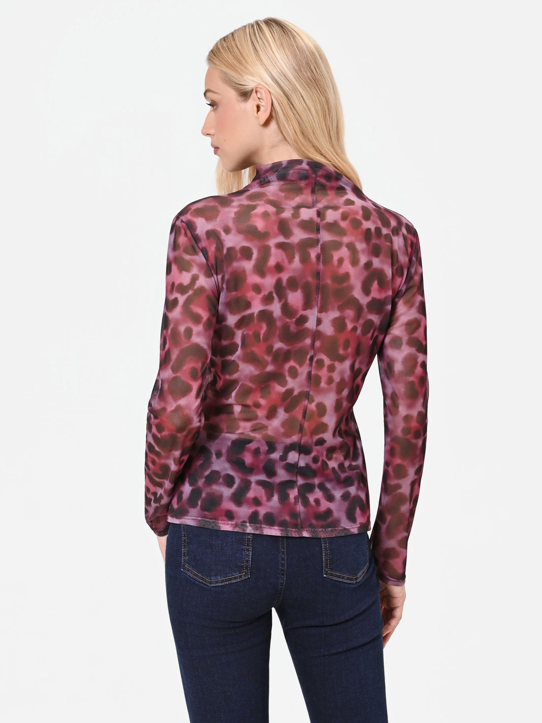 Blusa in tulle aderente rosso bordeaux con stampa animalier