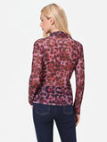 Blusa in tulle aderente rosso bordeaux con stampa animalier