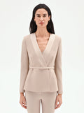Giacca tortora beige con cintura e rever satinati