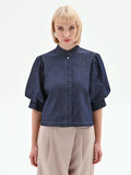 Camicia con maniche a sbuffo in denim blu scuro