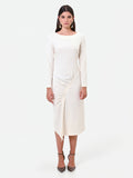 Abito midi bianco con drappeggio asimmetrico