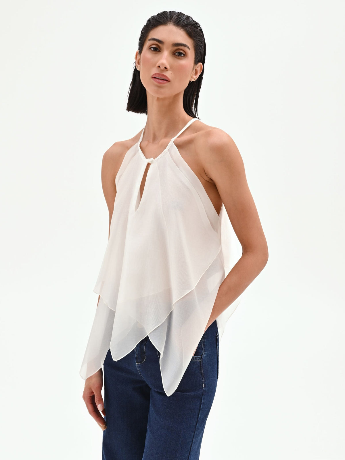 Top panna bianco con scollo all'americana