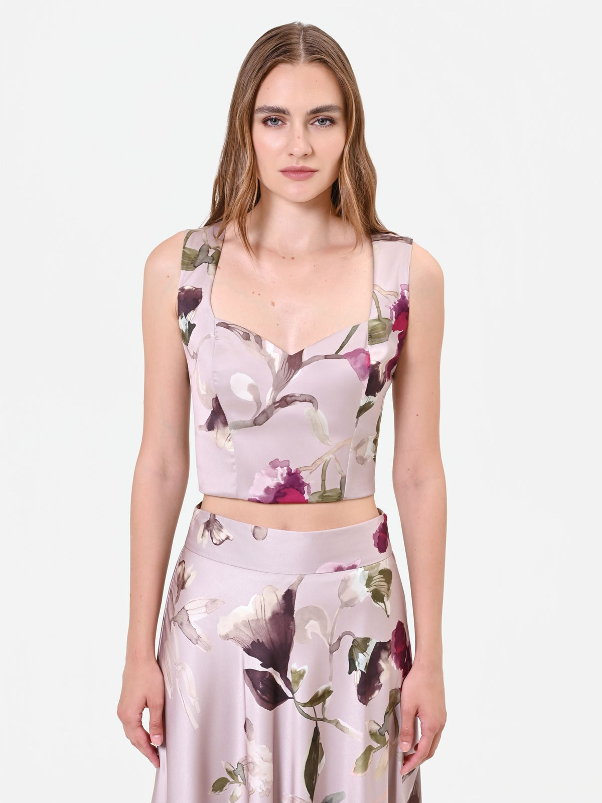 Top bustier tortora beige con stampa floreale