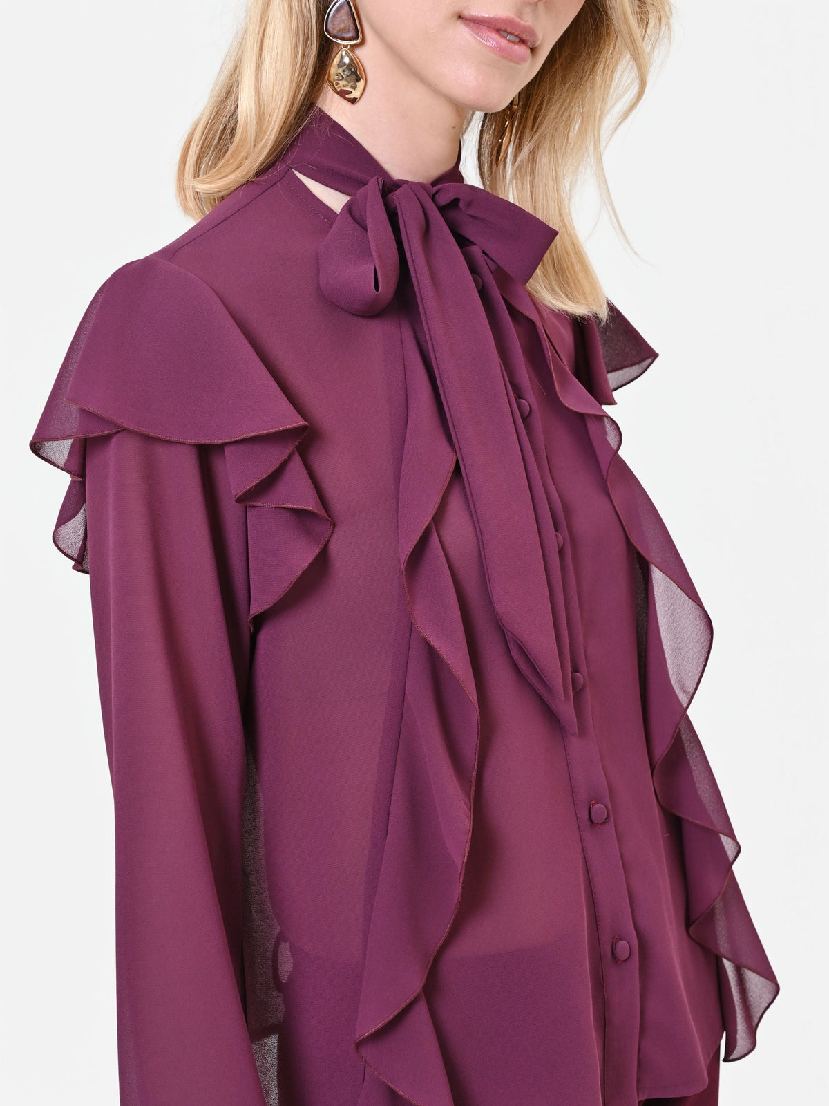 Blusa bordeaux rosso con fiocco e rouches