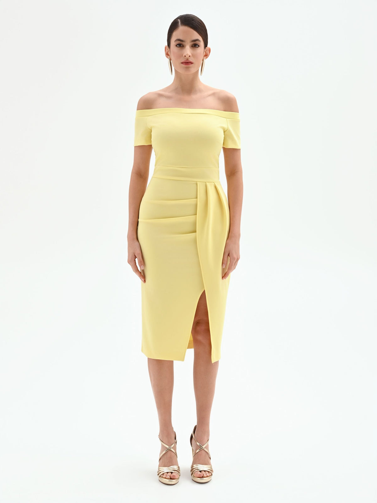 Abito tubino midi giallo chiaro off the shoulders