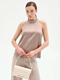 Top tortora beige in raso con applicazione gioiello