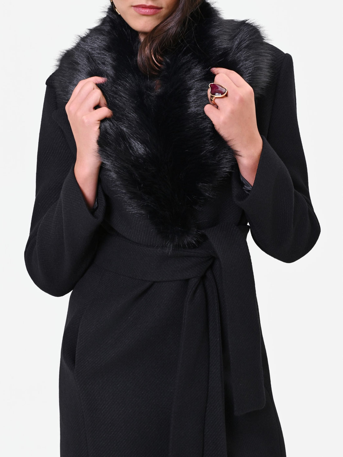 Cappotto midi nero con collo effetto pelliccia misto lana Giorgia Palmas X Rinascimento