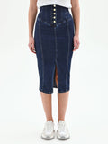 Gonna longuette denim blu navy con bottoni dorati